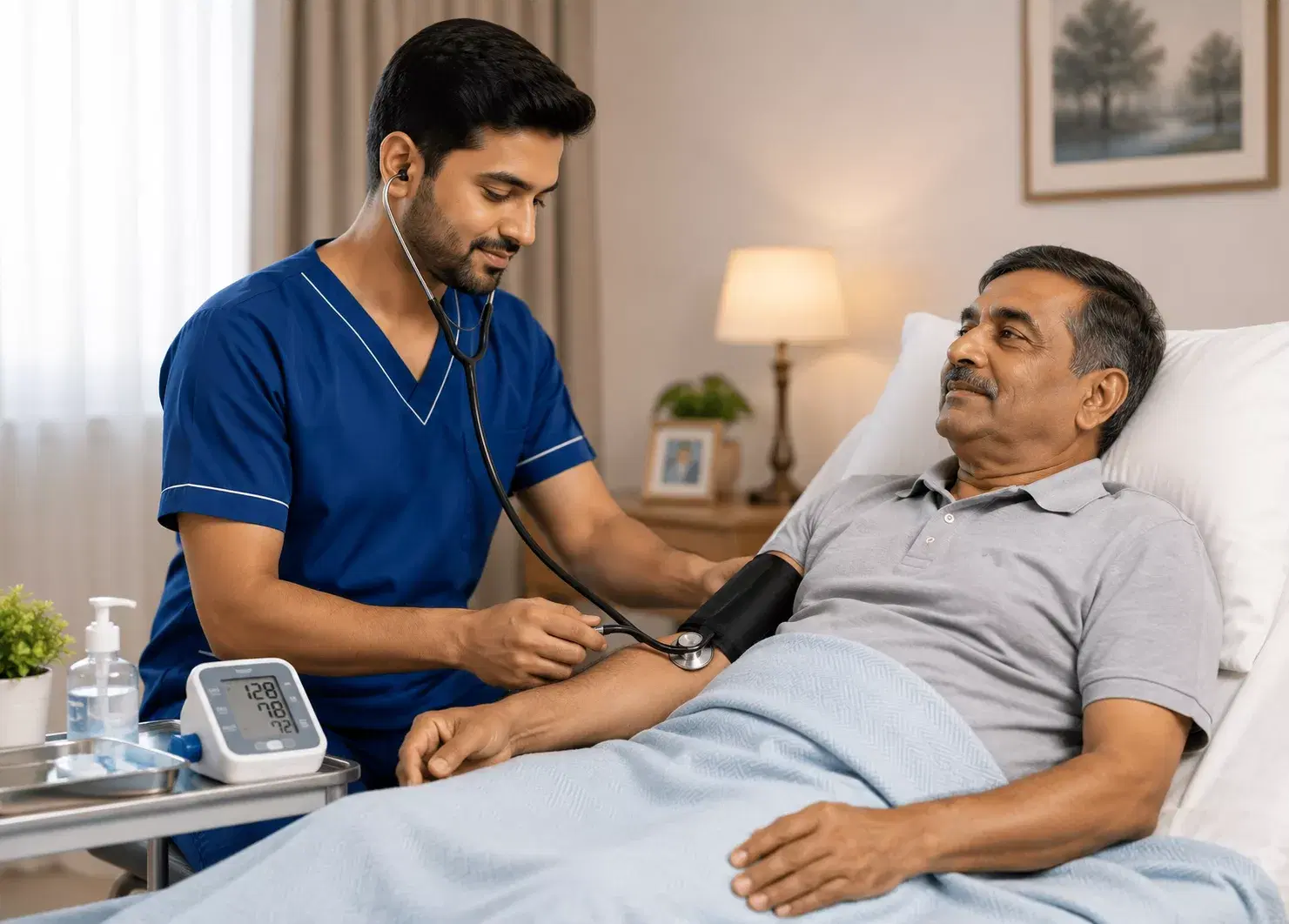 A nurse reviewing a care schedule bedside. Composed, attentive, calm.