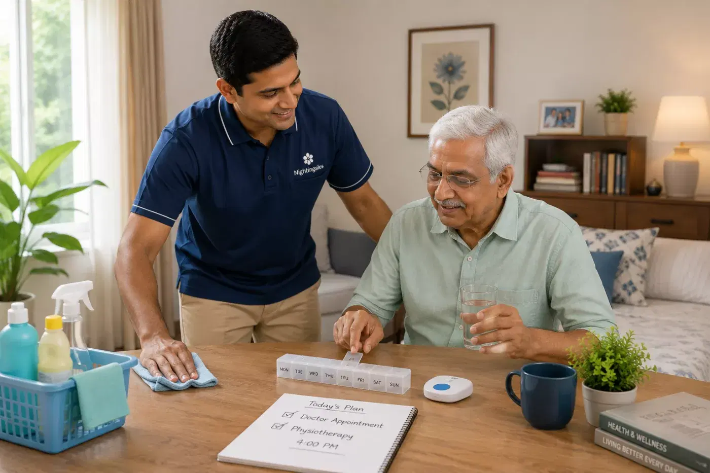 A caregiver helping an elderly man with medication reminders and a daily task checklist.