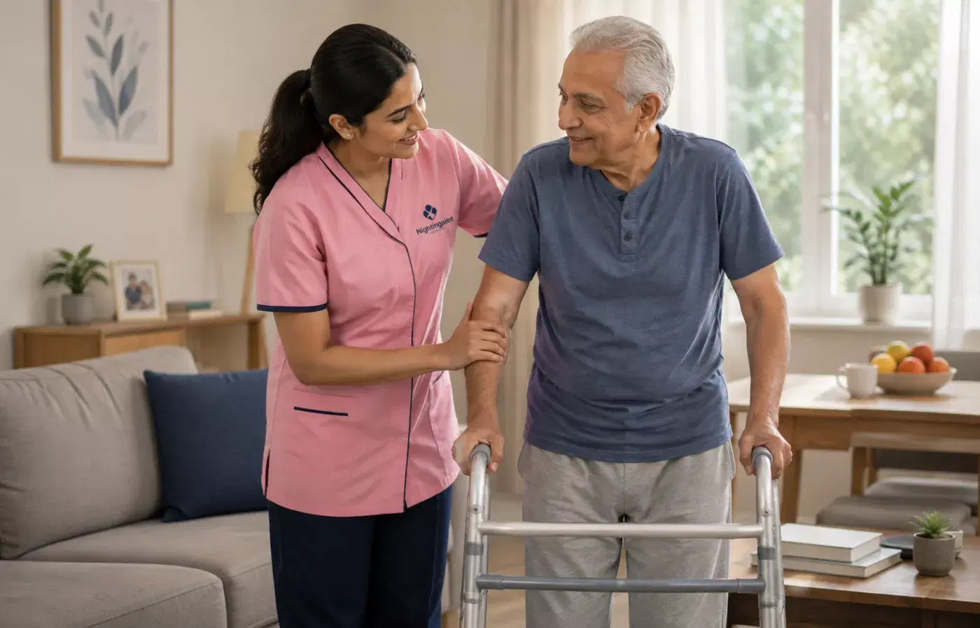 A caregiver supporting an elderly man using a walker.