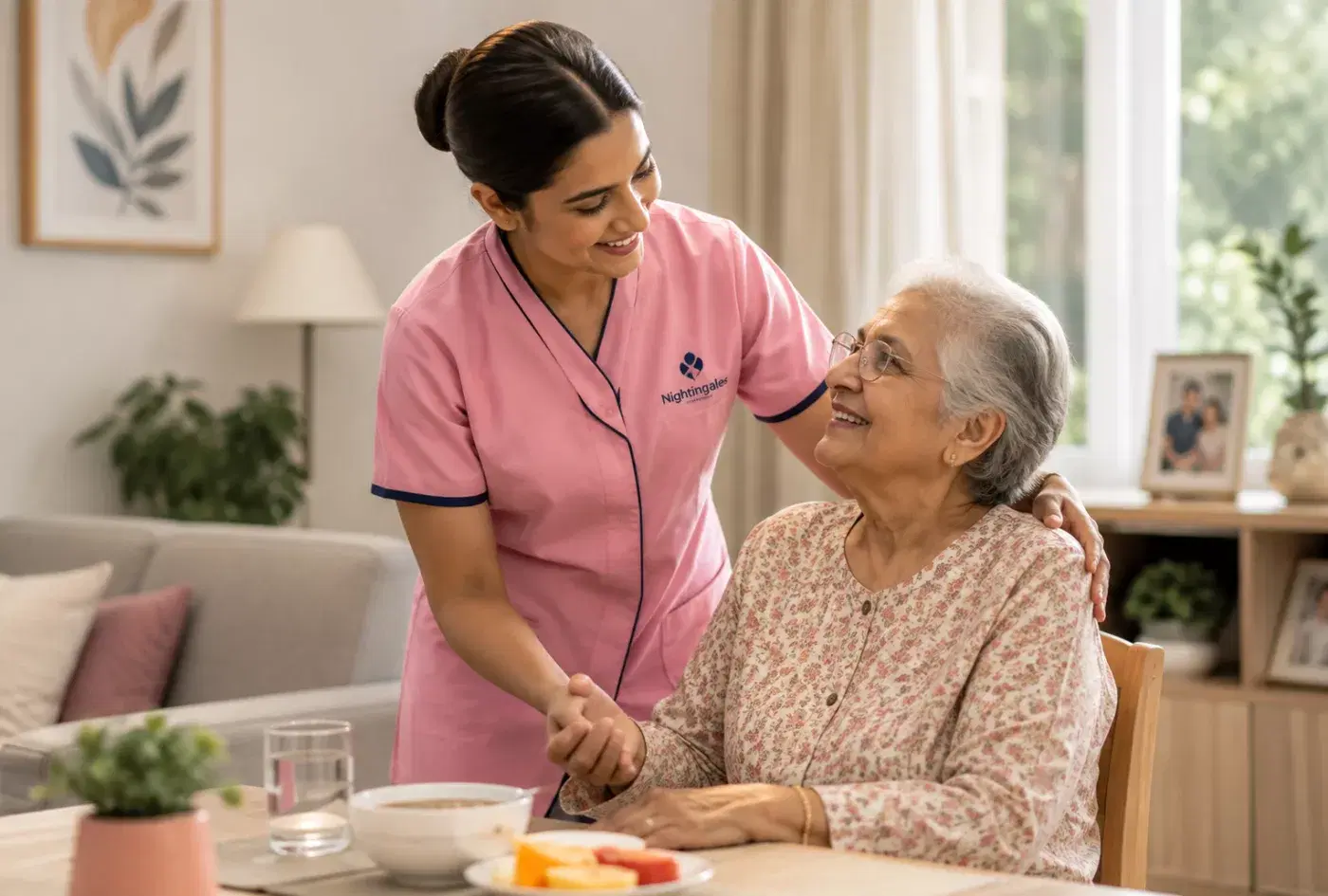 A caregiver holding an elderly woman's hand at the breakfast table.