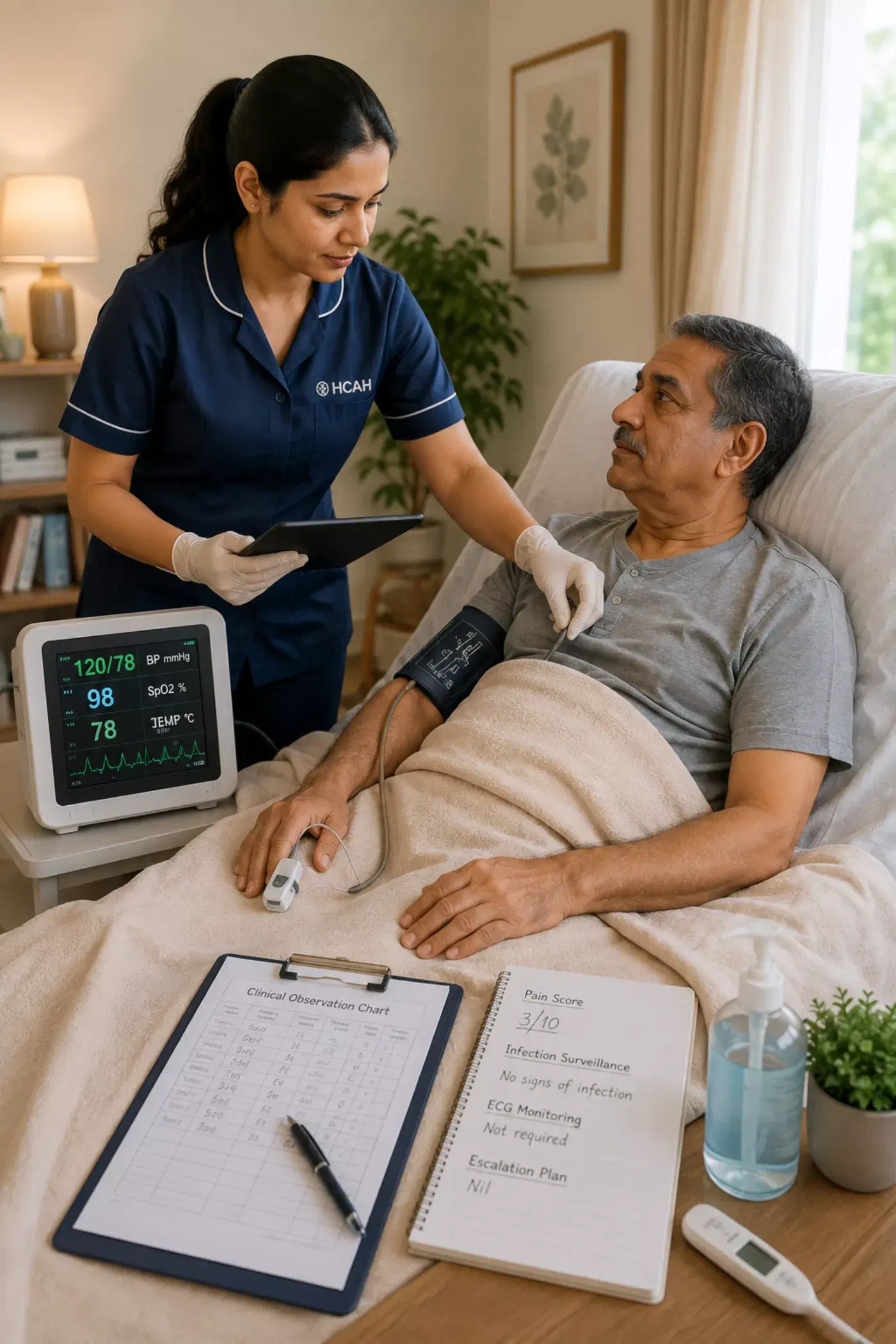 A nurse checking a patient's blood pressure while reviewing vitals on a bedside monitor.