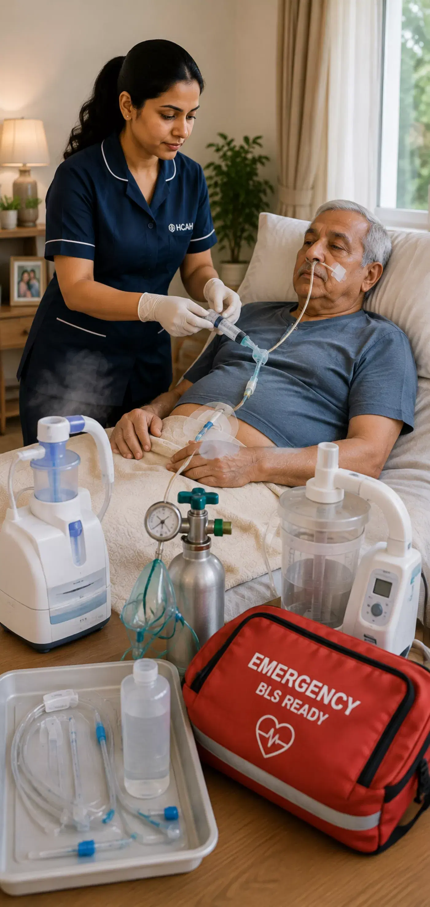 A nurse managing a patient's nasal oxygen tubing beside a nebulizer and suction equipment.