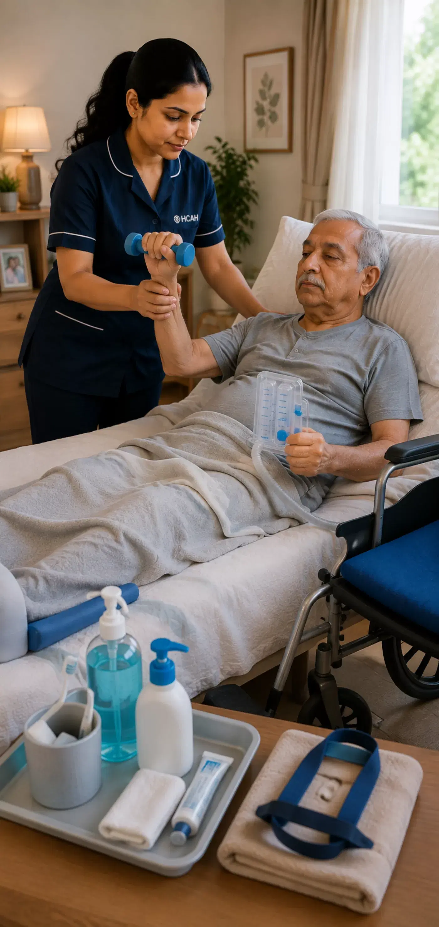 A nurse assisting a patient with an arm exercise using a hand weight beside their wheelchair.