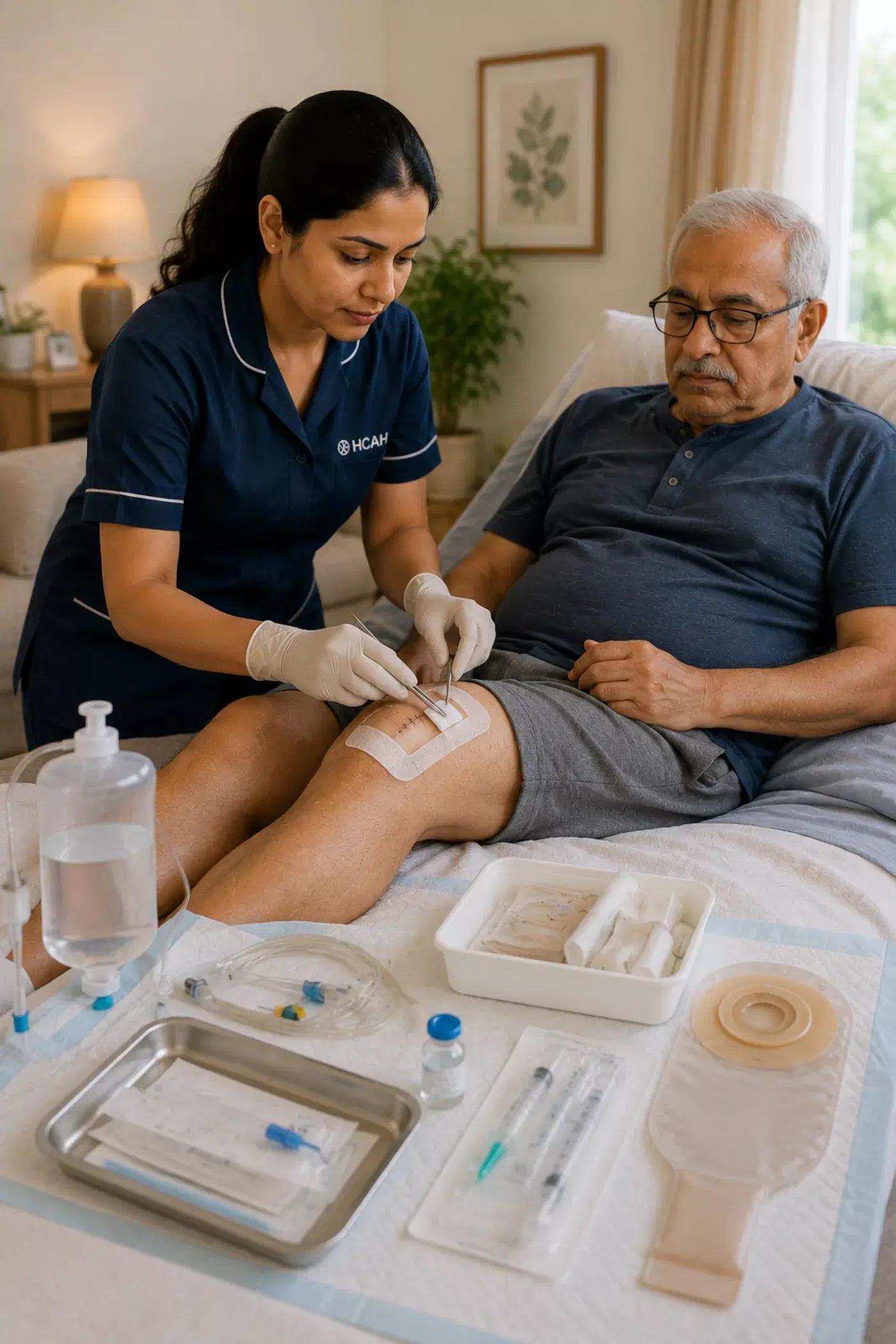 A nurse dressing a wound on a patient's knee with a tray of procedure supplies nearby.